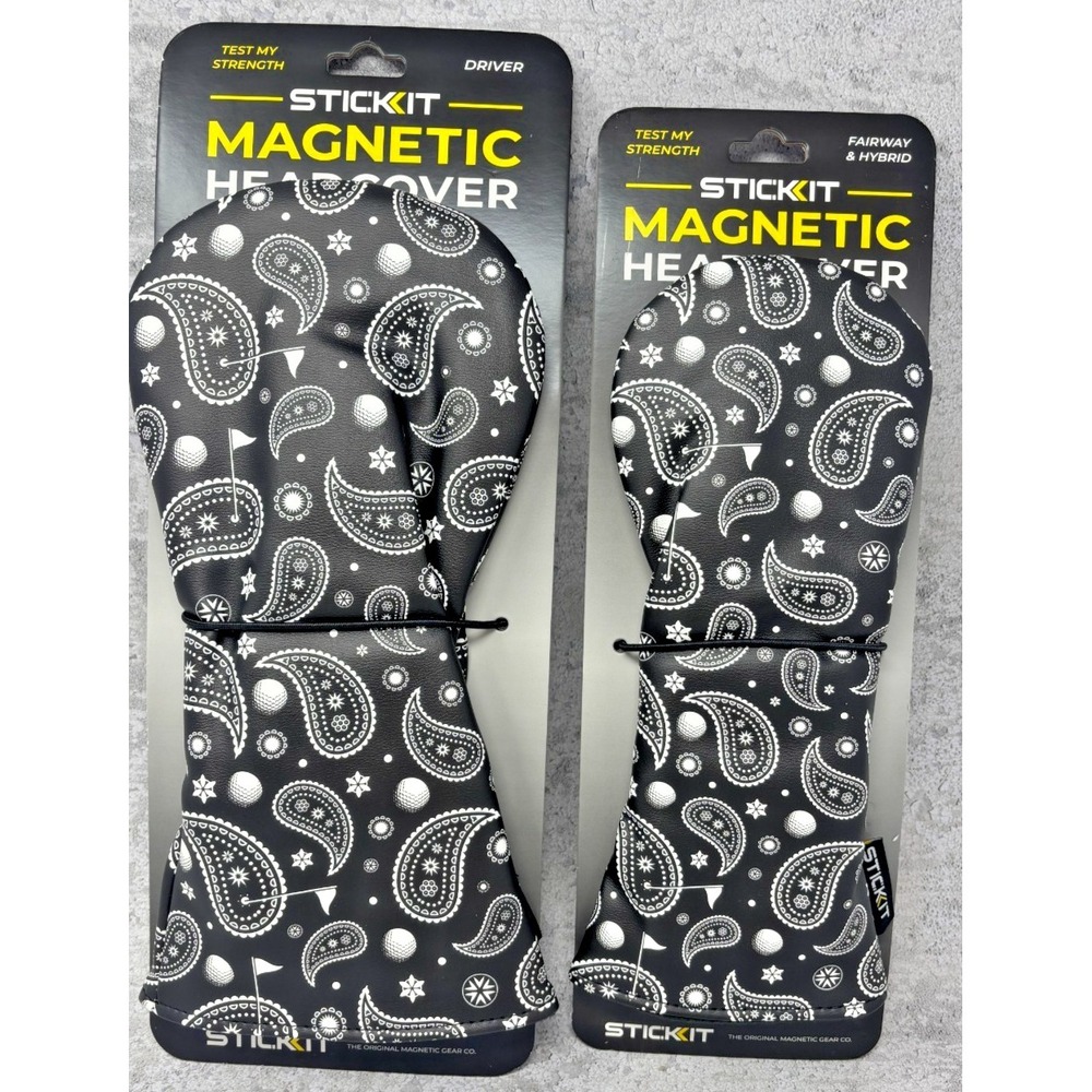 New! HYBRID & DRIVER StickIt Magnetic Golf Headcovers Set Black & White Paisley